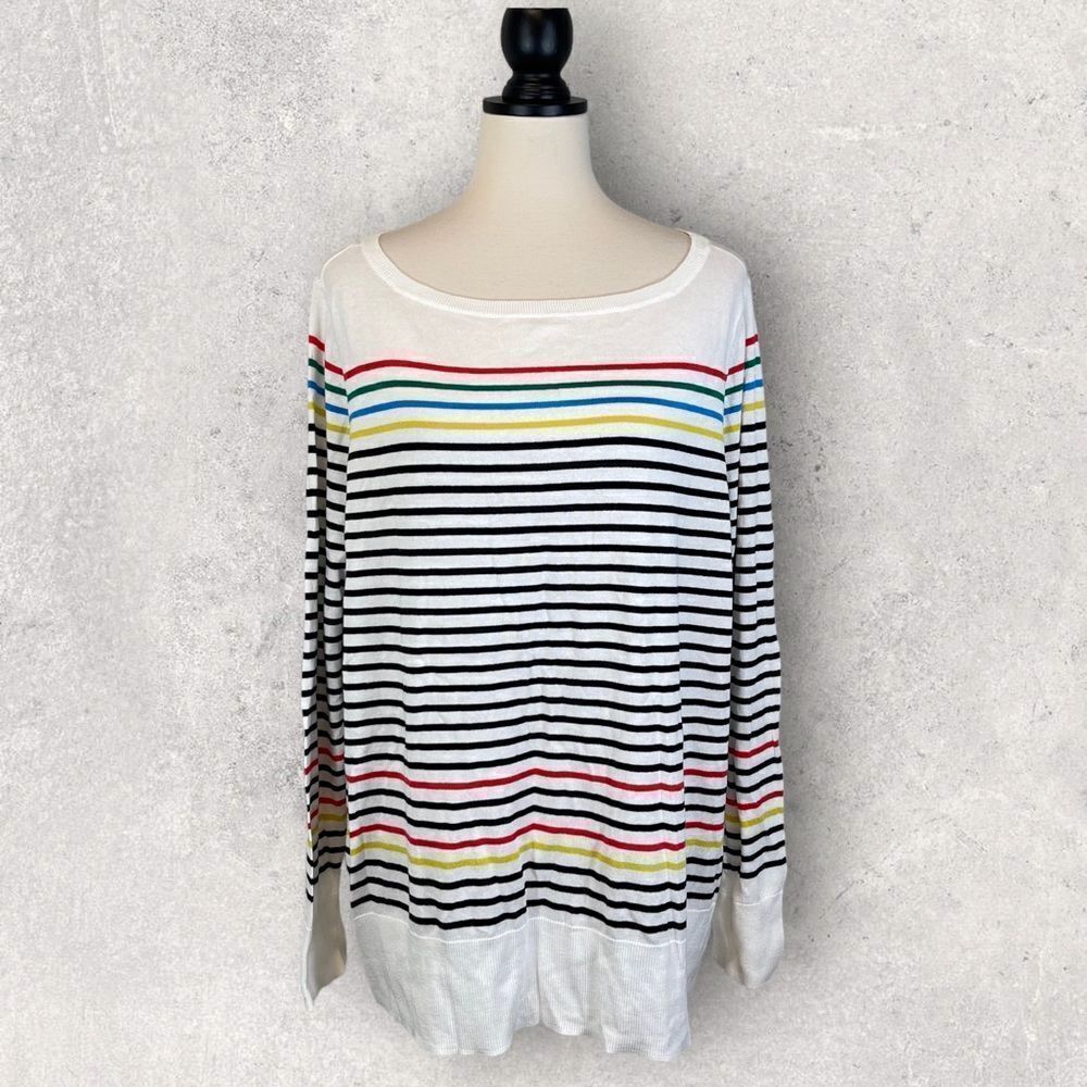 Halogen Sweater White Rainbow Stripe Pima Cotton, New w/ Tags, Size 3X